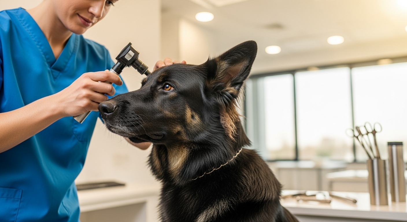 Veterinarian examining a German Shepherd's eye with an ophthalmoscope